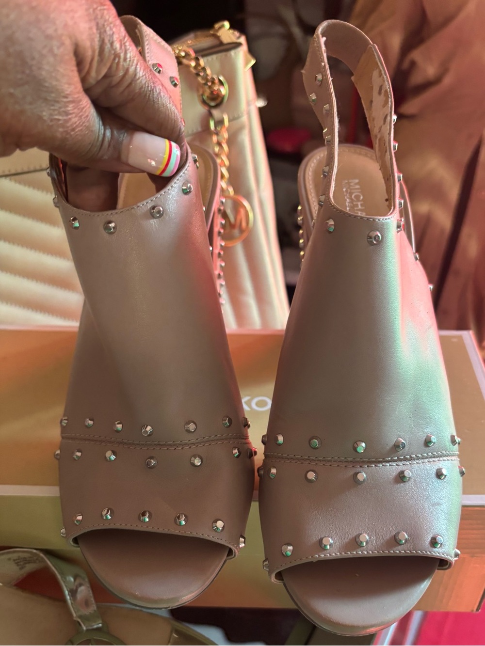 MICHAEL Michael Kors Taupe Studded Peep-Toe Slingback Mules